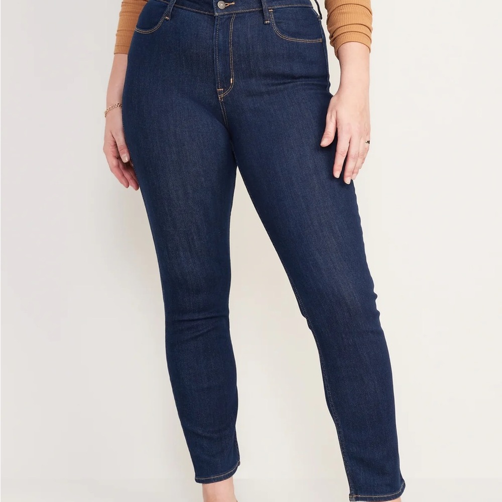Old Navy Wow Straight High Rise Jeans Women 14 Short Blue Dark Wash Stretch EUC